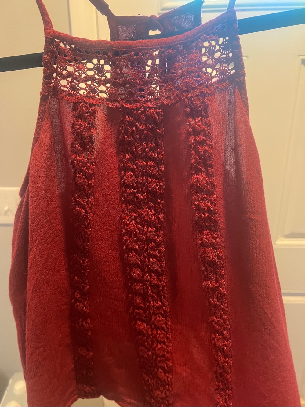 Crochet Trim Halter Neck Tank Top - Deep Wine Red color size x small